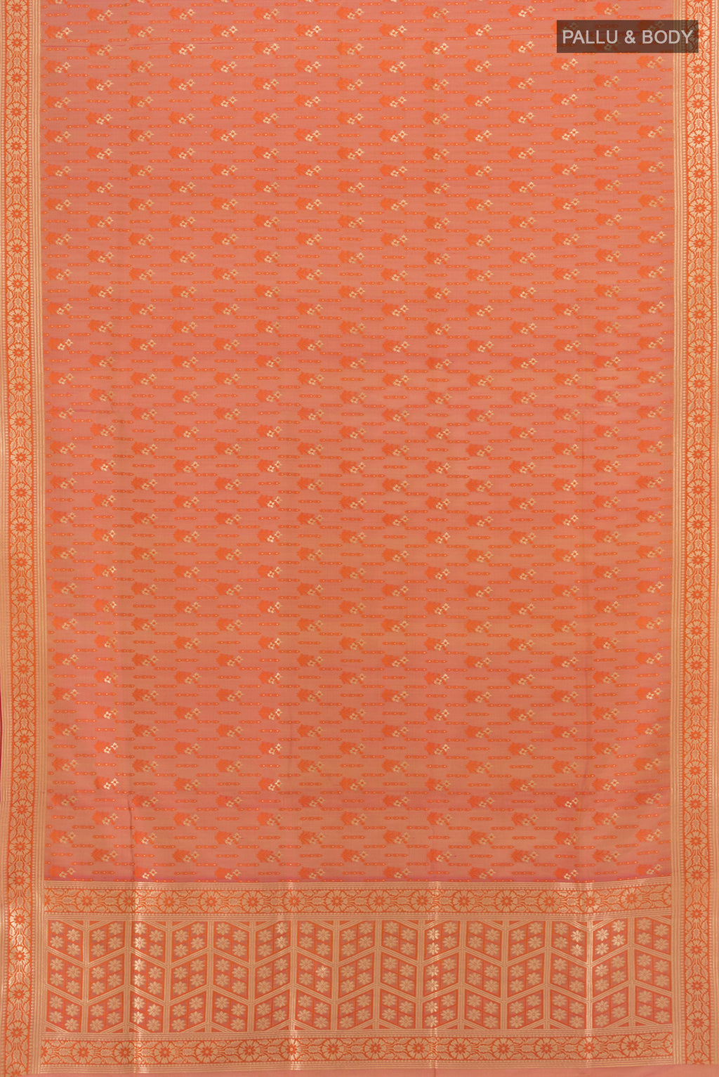 Flat view of Peach Banarasi Silk Saree with Zari Butta on the body and Zari Border. 
