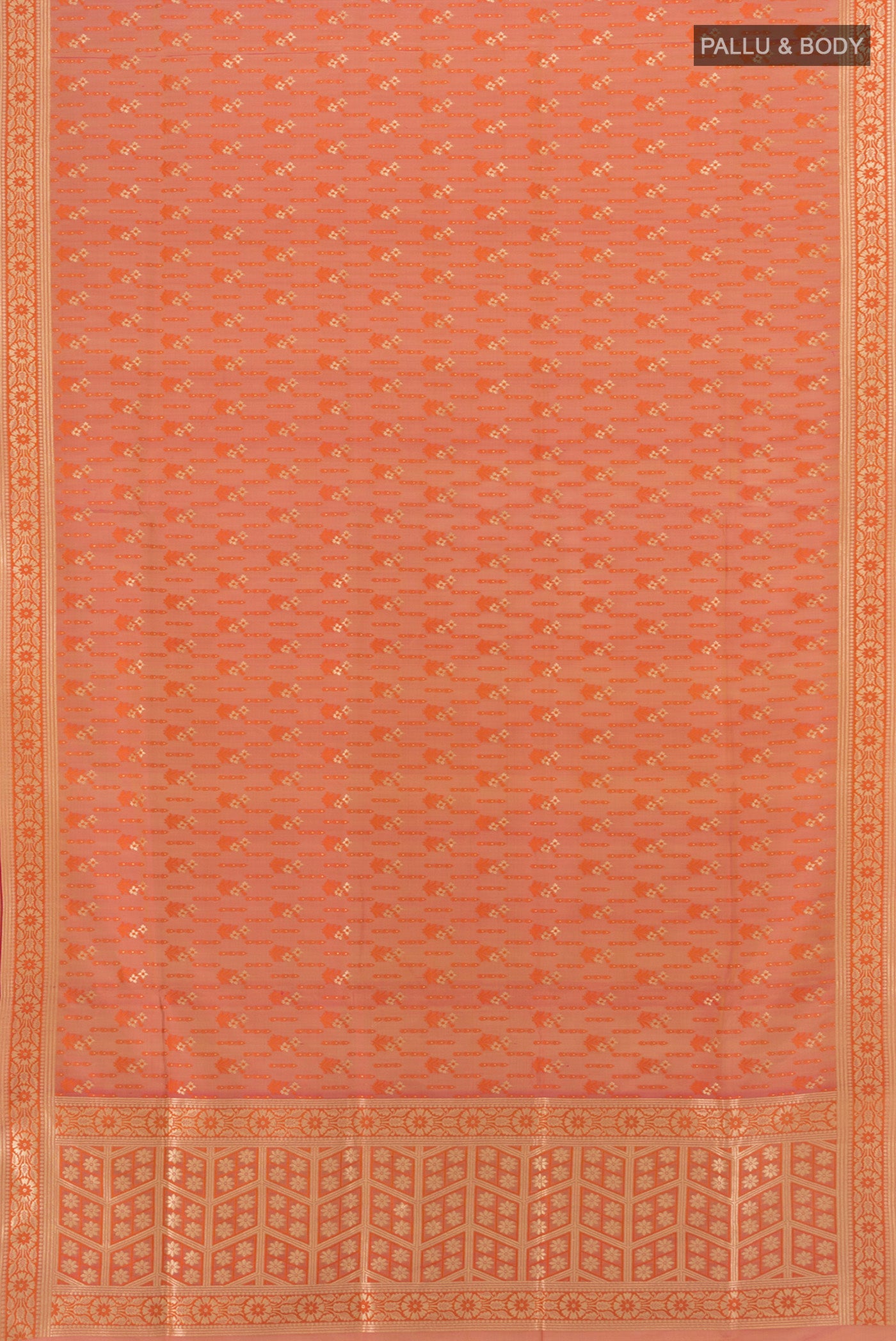 Flat view of Peach Banarasi Silk Saree with Zari Butta on the body and Zari Border. 