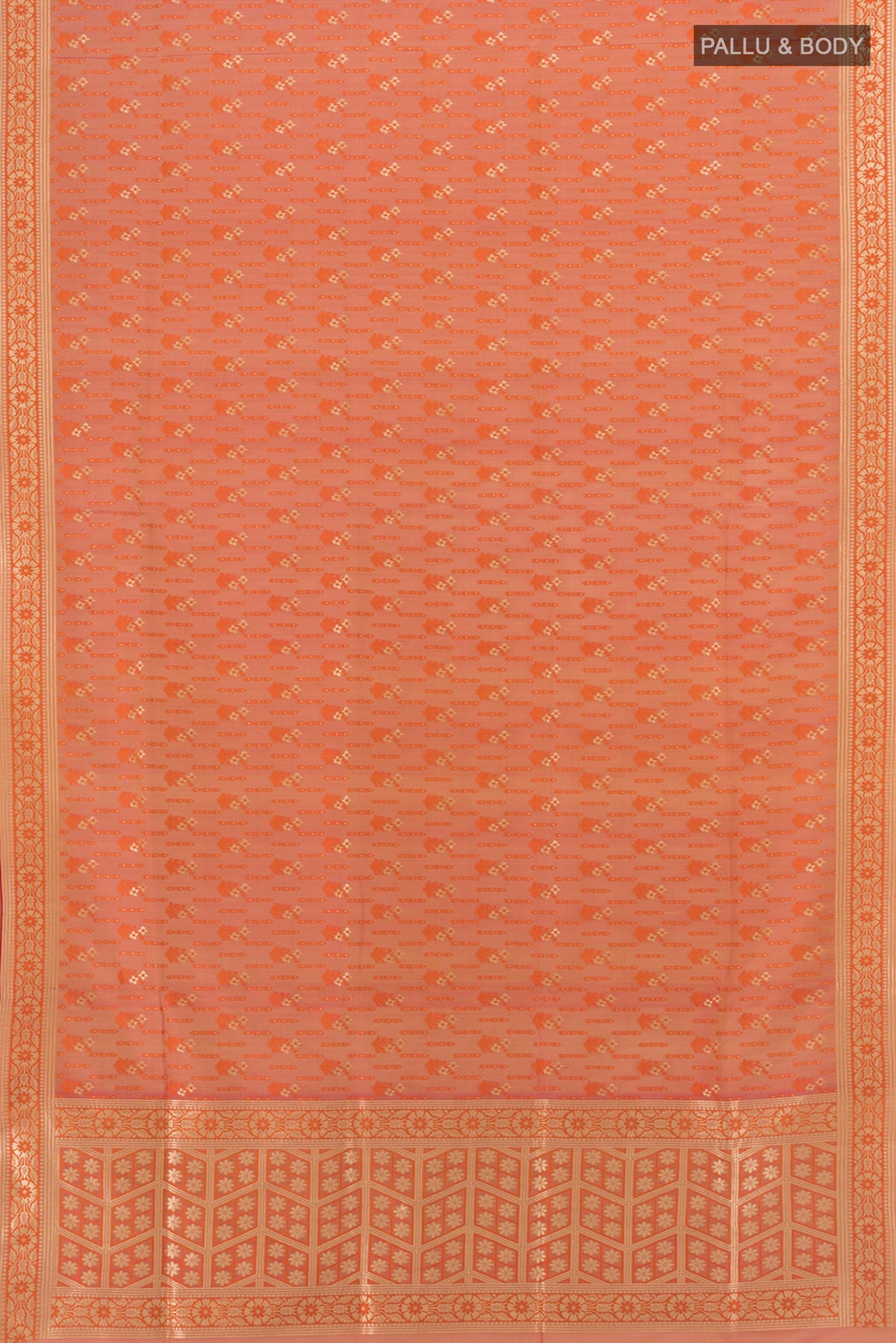 Flat view of Peach Banarasi Silk Saree with Zari Butta on the body and Zari Border. 