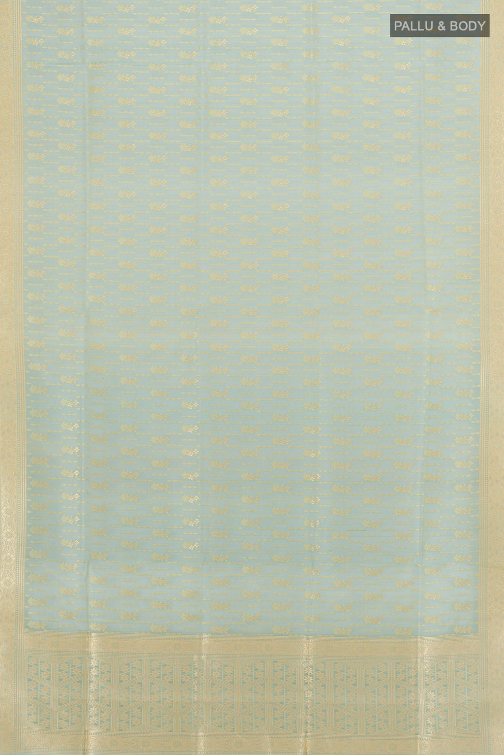 Flat view of Blue Grey Banarasi Silk Saree with Zari Butta on the body and Zari Border. 
