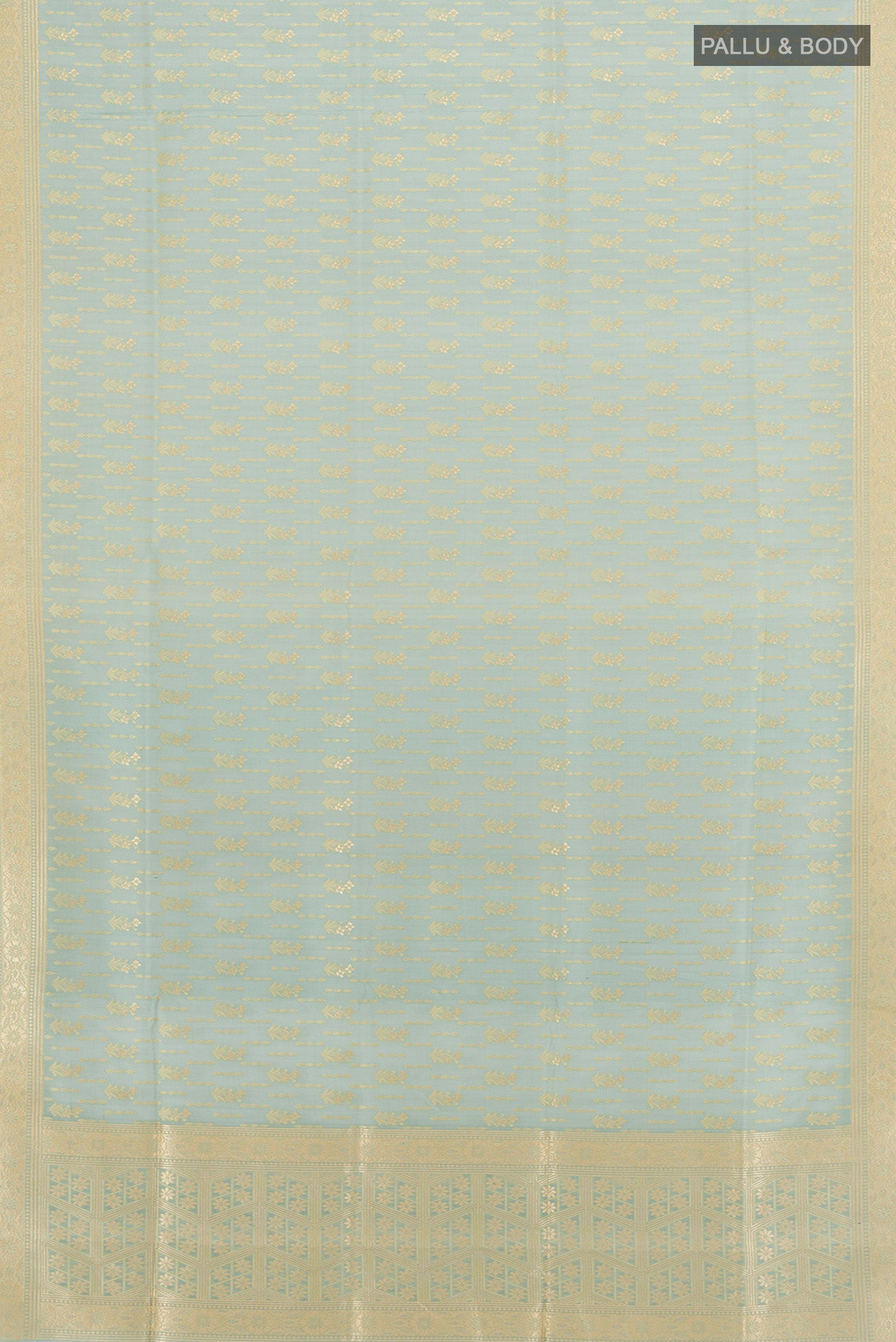 Flat view of Blue Grey Banarasi Silk Saree with Zari Butta on the body and Zari Border. 