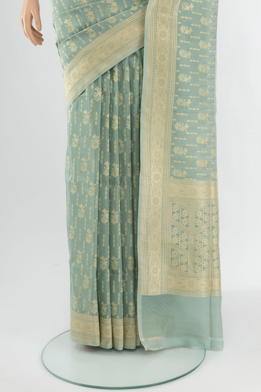 Pleats and pallu of Blue Grey Banarasi Silk Saree with Zari Butta on the body and Zari Border. 