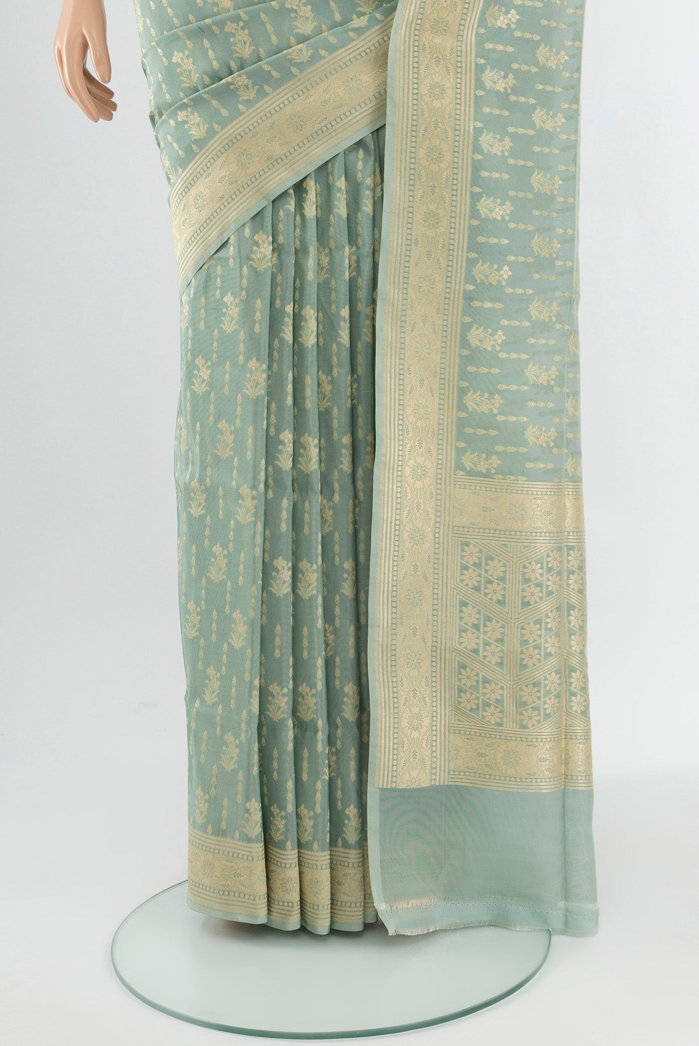 Pleats and pallu of Blue Grey Banarasi Silk Saree with Zari Butta on the body and Zari Border. 