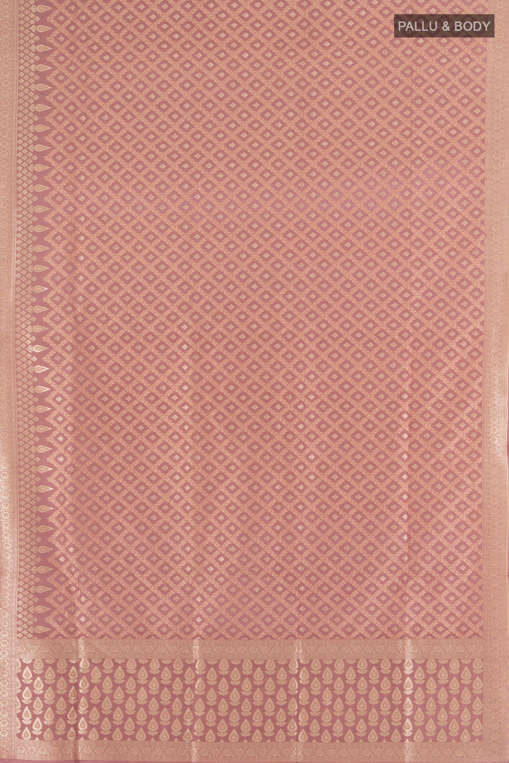 Flat view of Rose Gold Banarasi Silk Saree with Zari Butta on the body and Zari Border. 