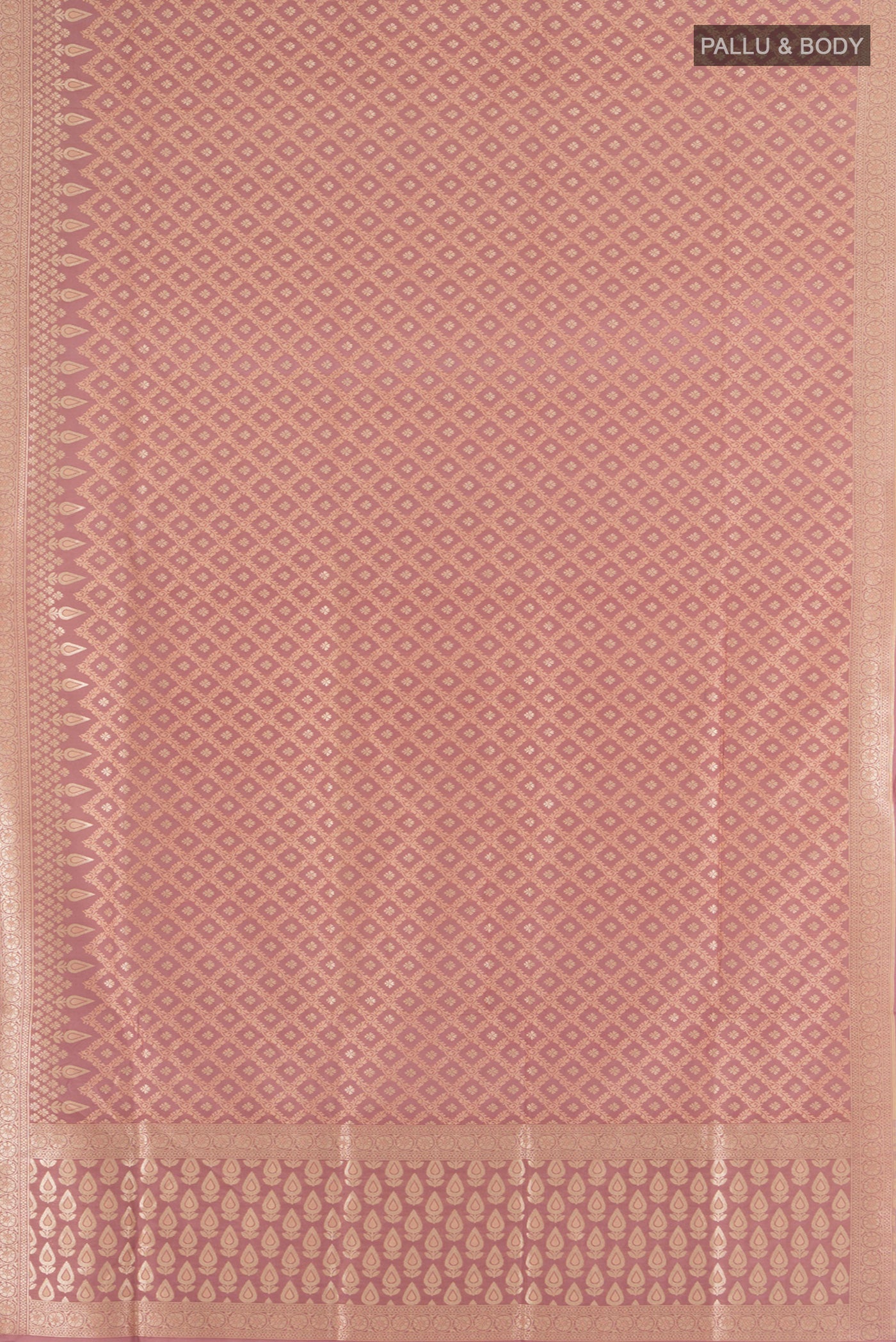 Flat view of Rose Gold Banarasi Silk Saree with Zari Butta on the body and Zari Border. 