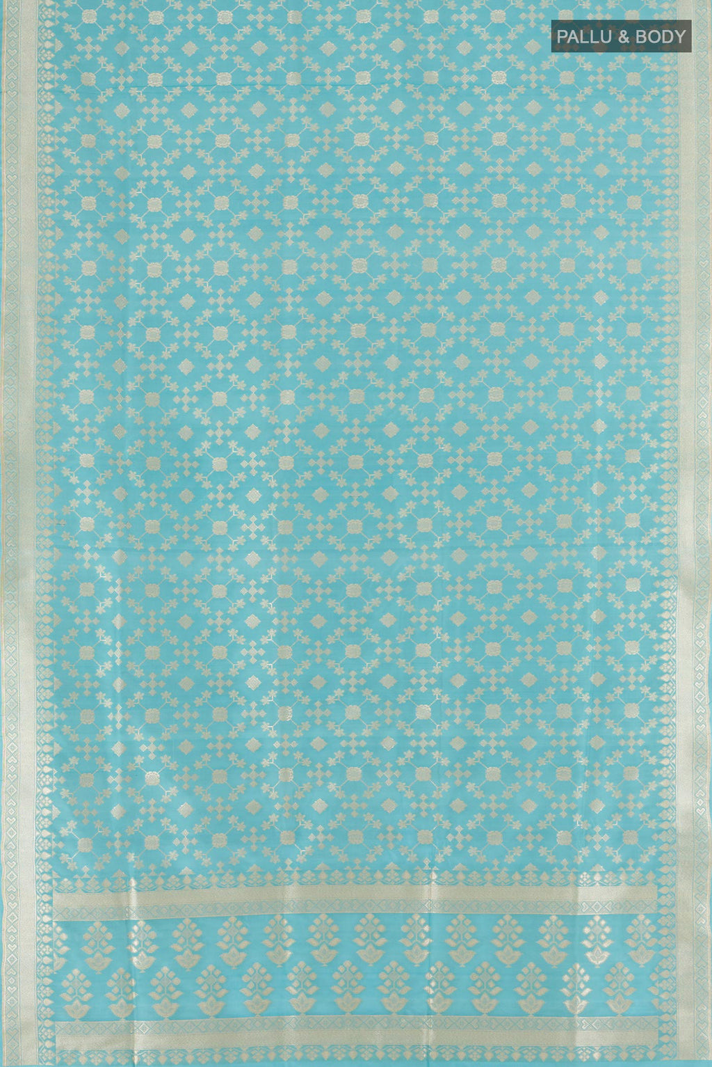 Flat view of Pure Silk Sky Blue Banarasi Saree with Zari Butta on the body and Zari Border. 