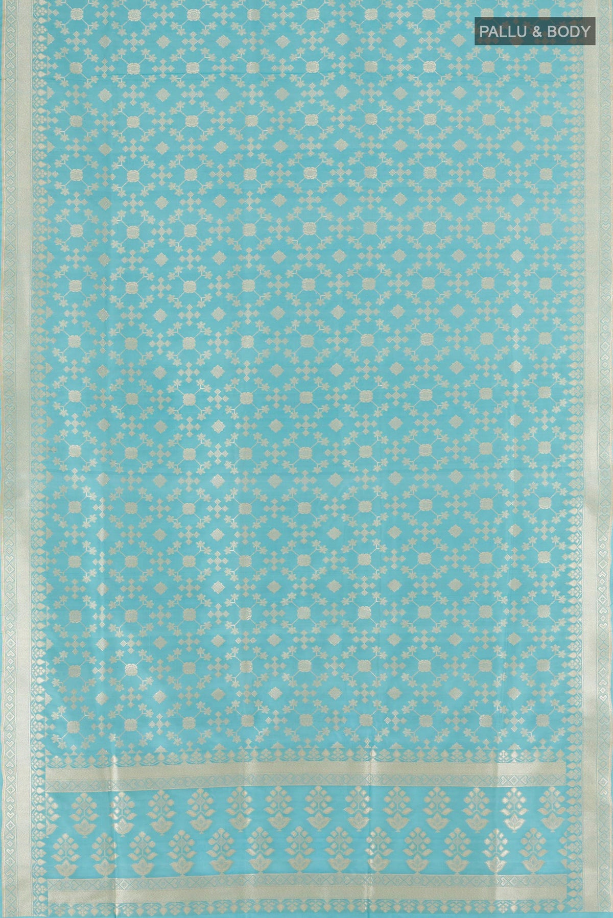 Flat view of Pure Silk Sky Blue Banarasi Saree with Zari Butta on the body and Zari Border. 
