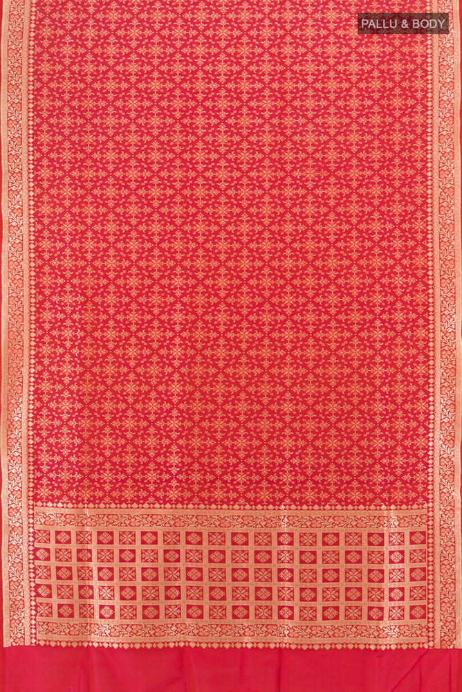 Flat view of Peach Banarasi Silk Saree with Zari Butta on the body and Silk Border. 