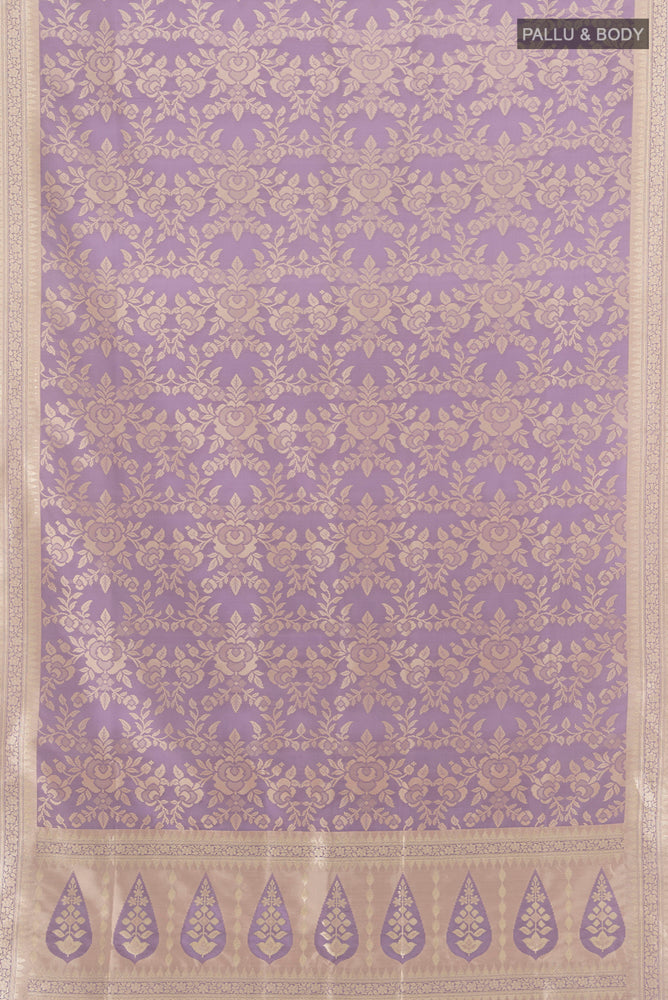 Flat view of Lavender Banarasi Silk Saree with Zari Butta on the body and Silk Border. 