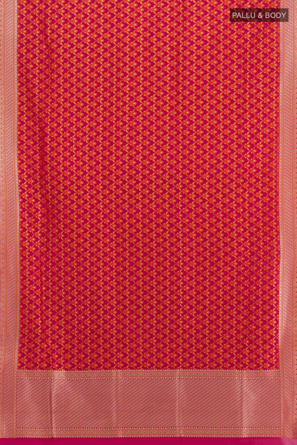 Flat view of Rani Pink Banarasi Silk Saree with Zari Butta on the body and Zari Border. 