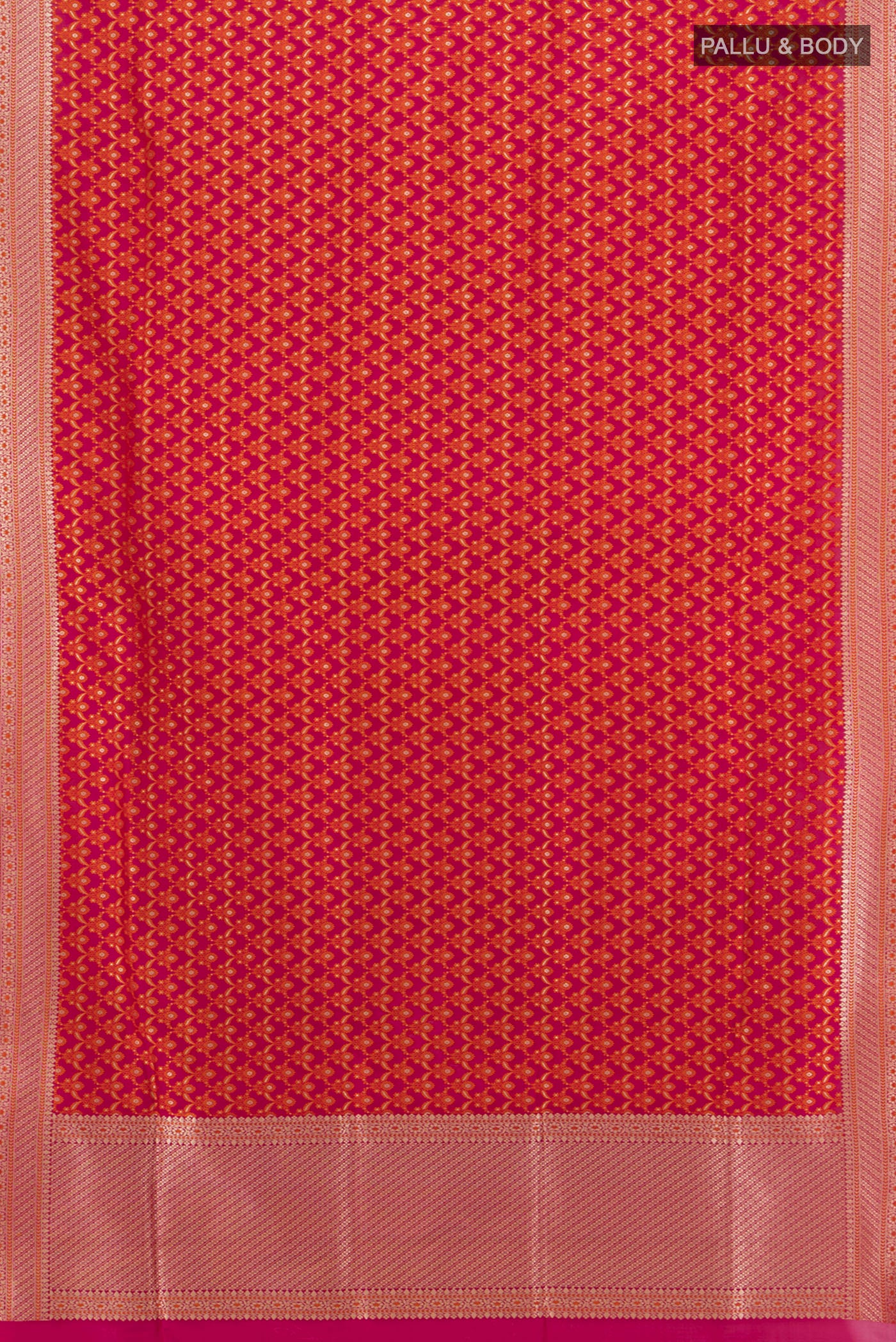 Flat view of Rani Pink Banarasi Silk Saree with Zari Butta on the body and Zari Border. 