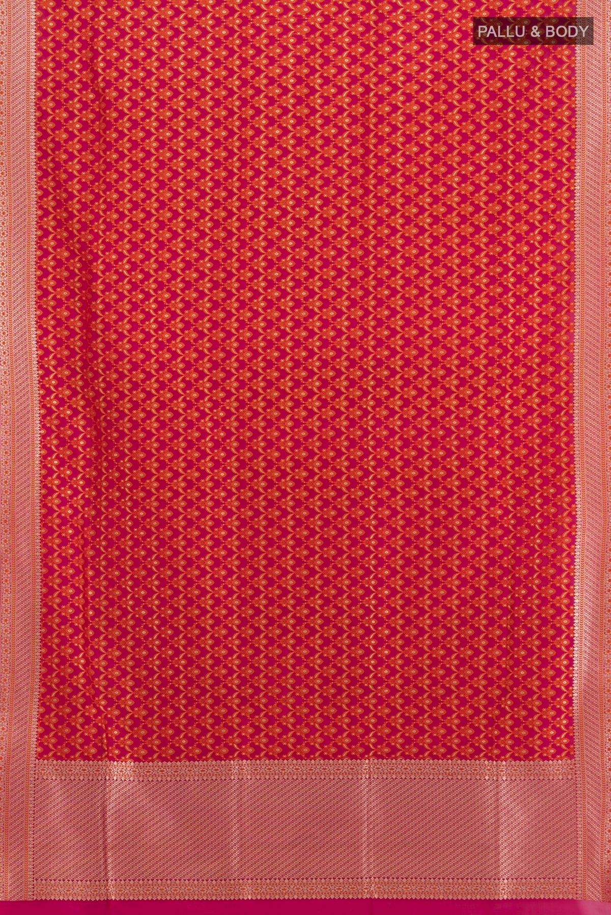 Flat view of Rani Pink Banarasi Silk Saree with Zari Butta on the body and Zari Border. 