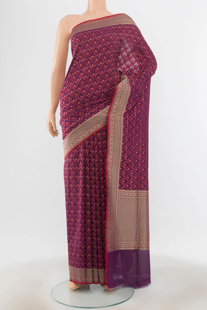 Multi Color Banarasi Silk Saree with Zari Butta on the body and Silk Border.  displayed on a mannequin