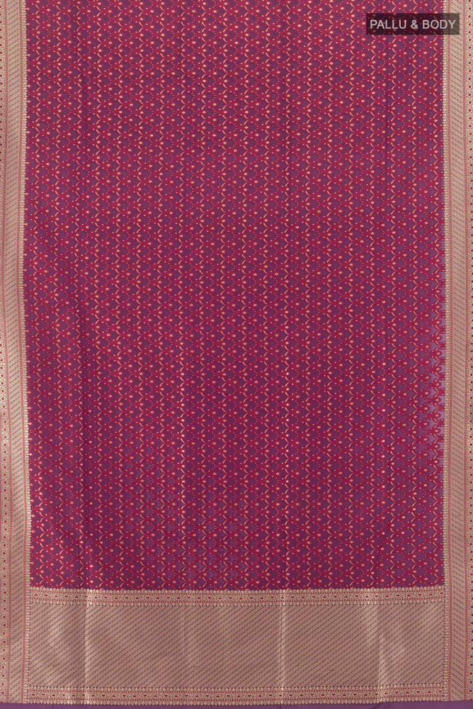 Flat view of Multi Color Banarasi Silk Saree with Zari Butta on the body and Silk Border. 