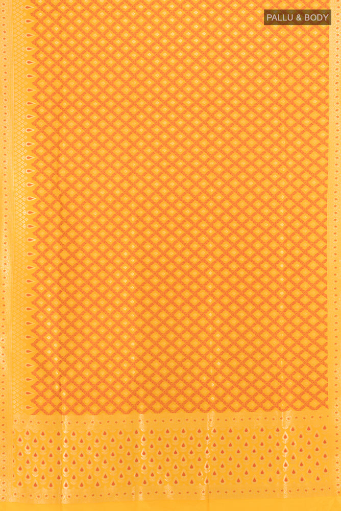 Flat view of Yellow Banarasi Silk Saree with Zari Butta on the body and Silk Border. 
