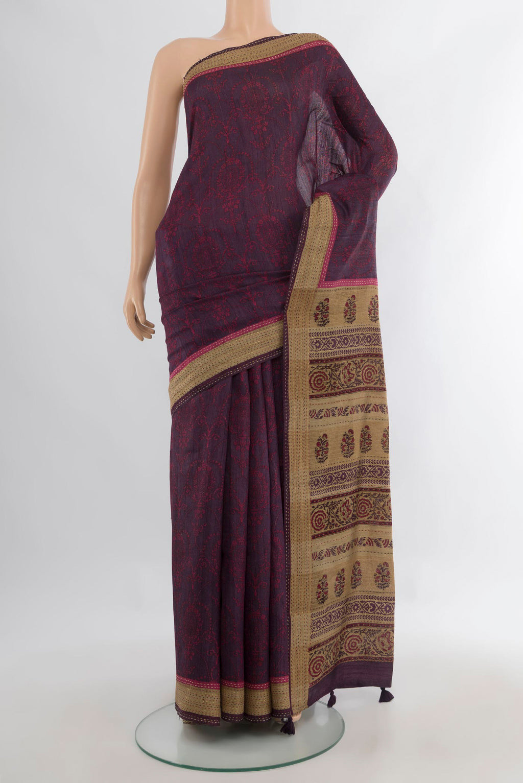Purple Tussar Saree with Printed design on the body and Embroidery Border.  displayed on a mannequin