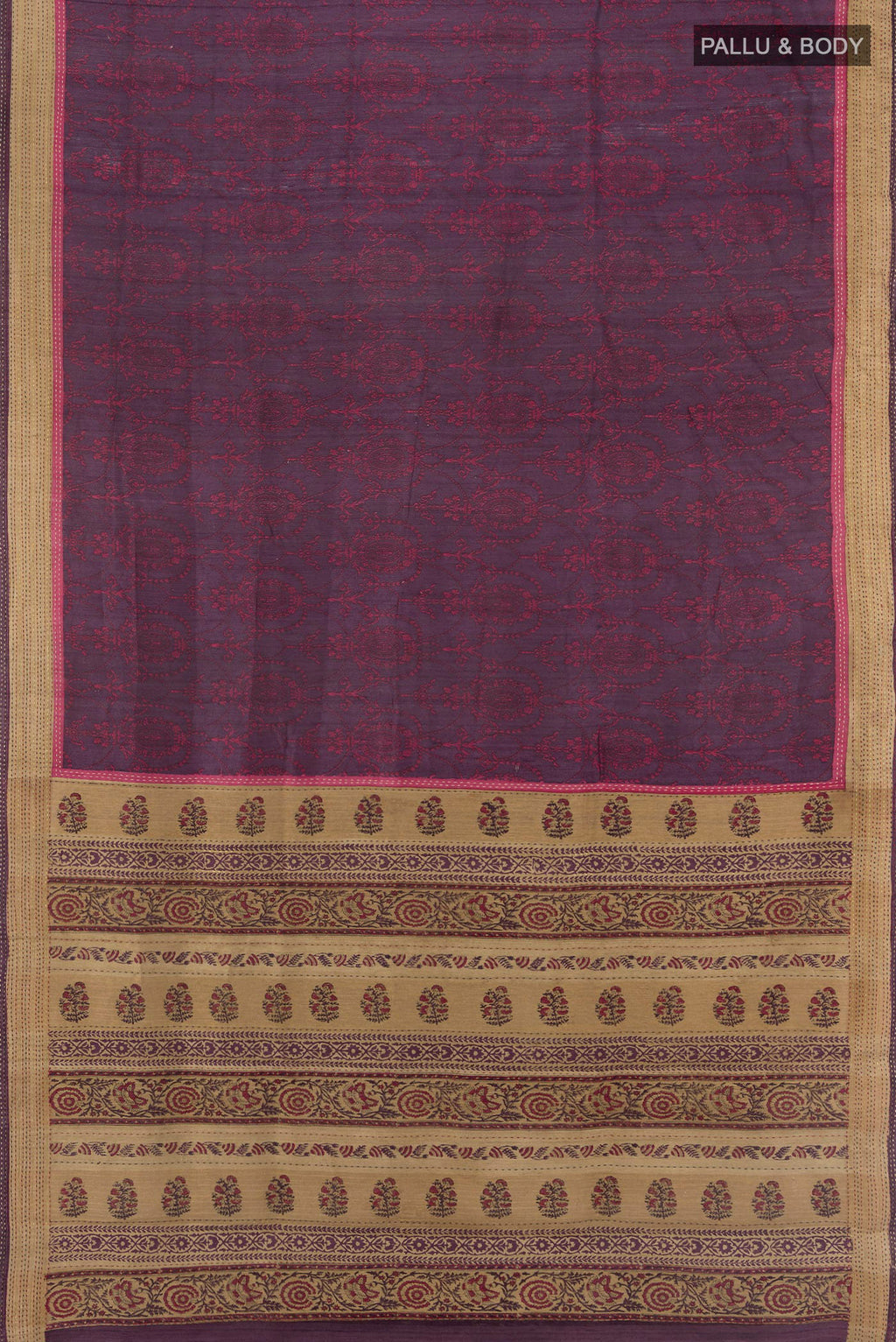 Flat view of Purple Tussar Saree with Printed design on the body and Embroidery Border. 