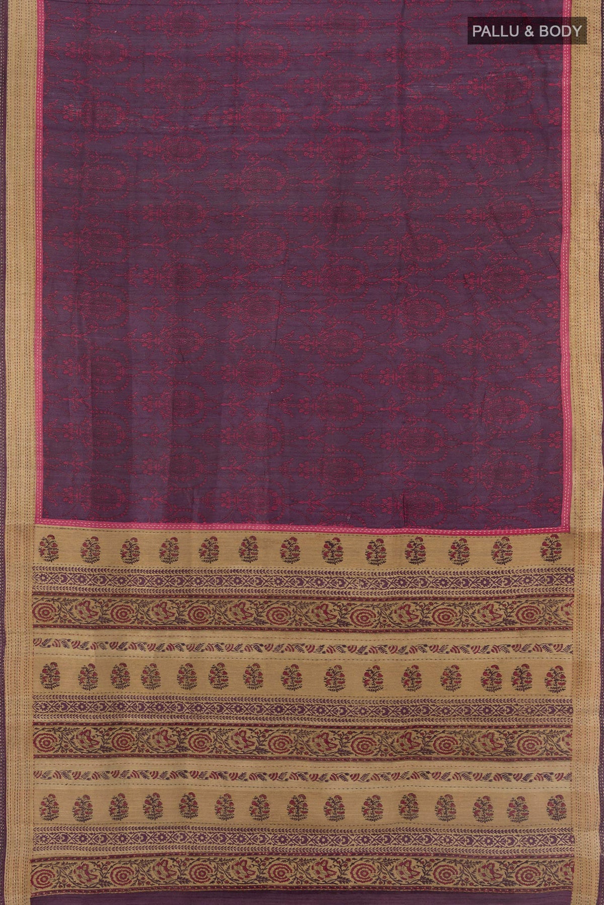 Flat view of Purple Tussar Saree with Printed design on the body and Embroidery Border. 