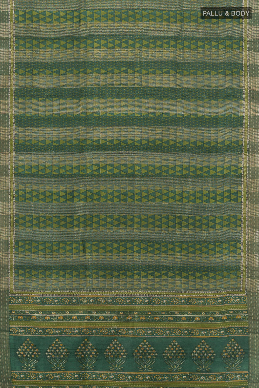 Flat view of Bottle Green Tussar Silk Saree with Floral Print on the body and Thread Border. 