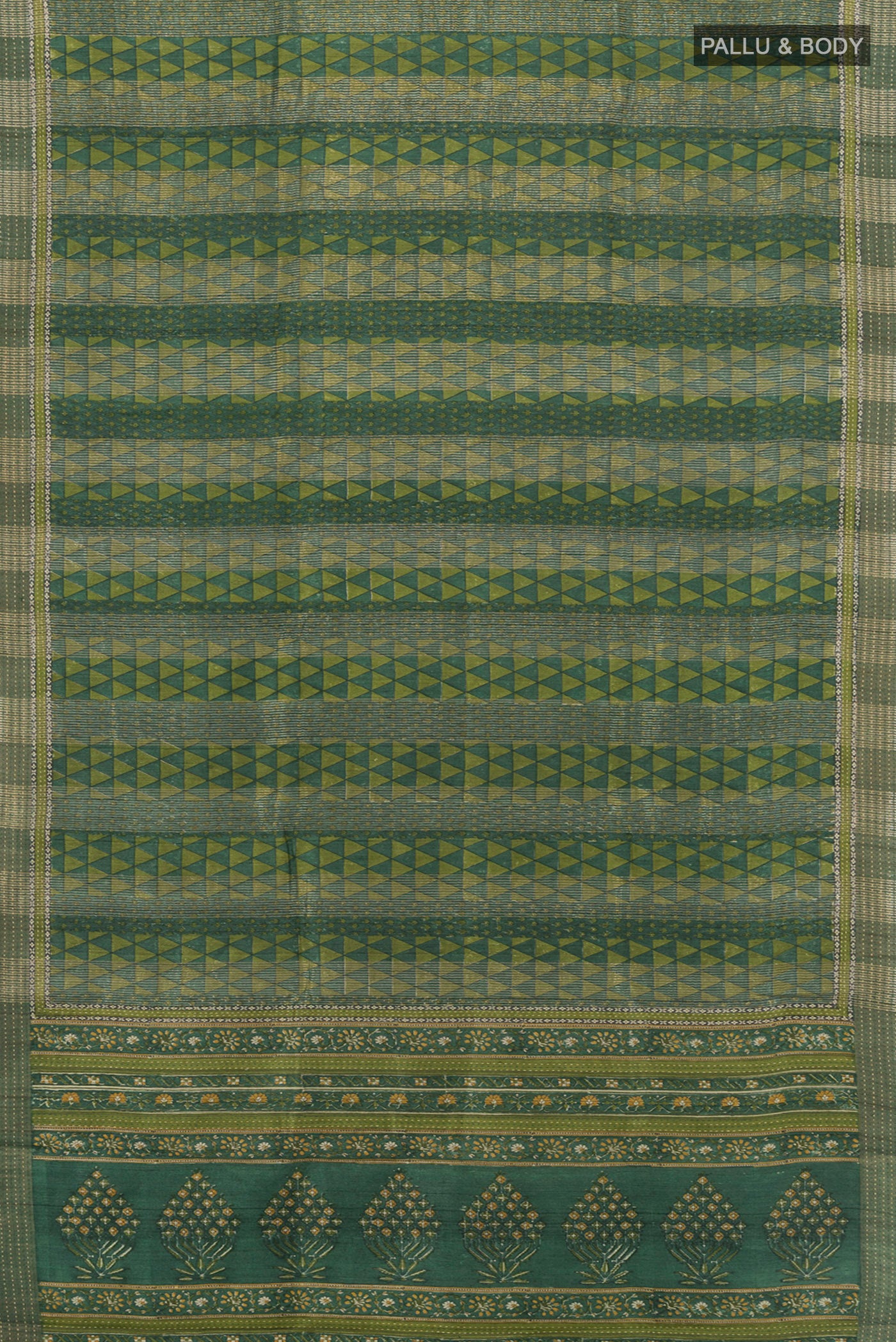 Flat view of Bottle Green Tussar Silk Saree with Floral Print on the body and Thread Border. 
