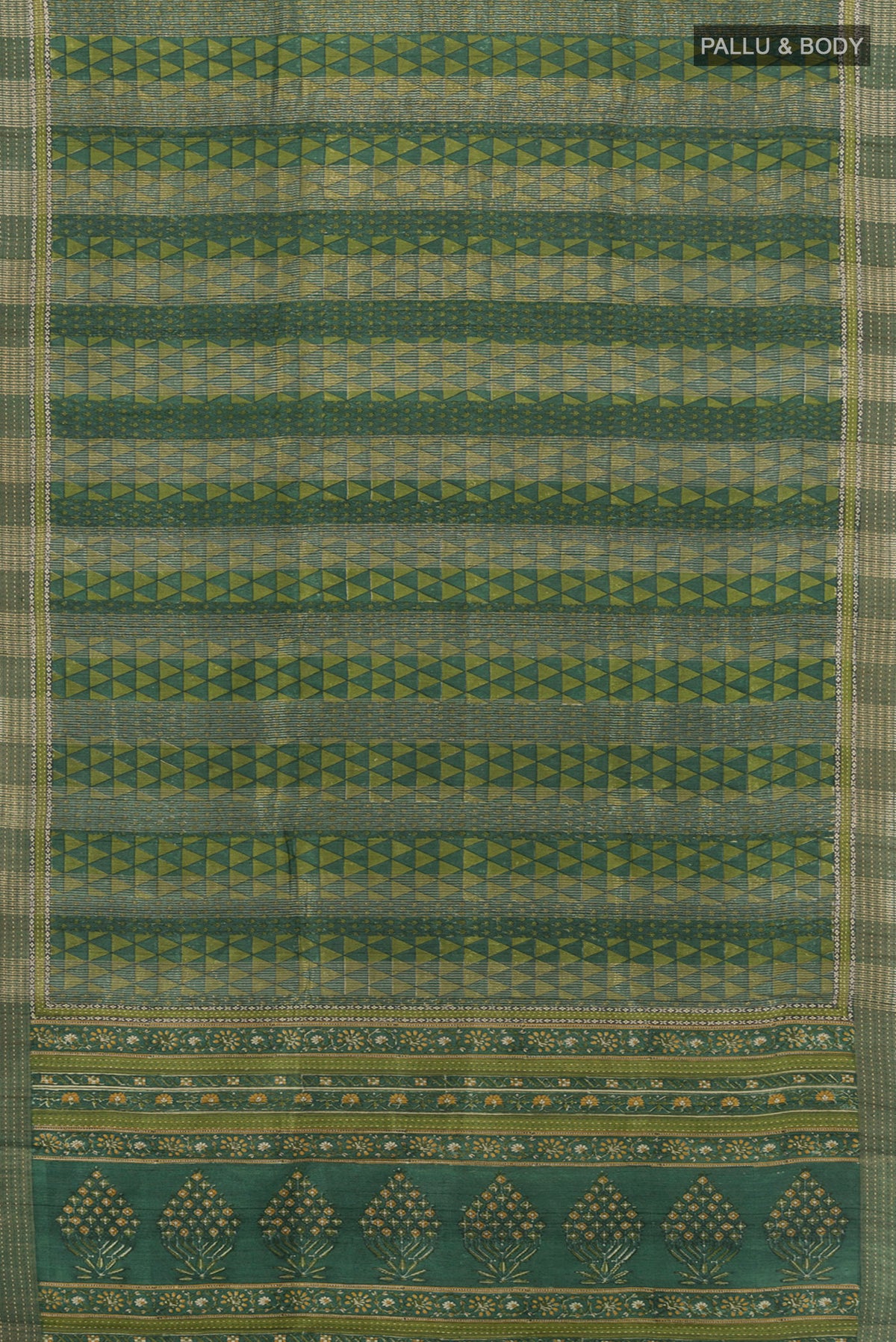 Flat view of Bottle Green Tussar Silk Saree with Floral Print on the body and Thread Border. 