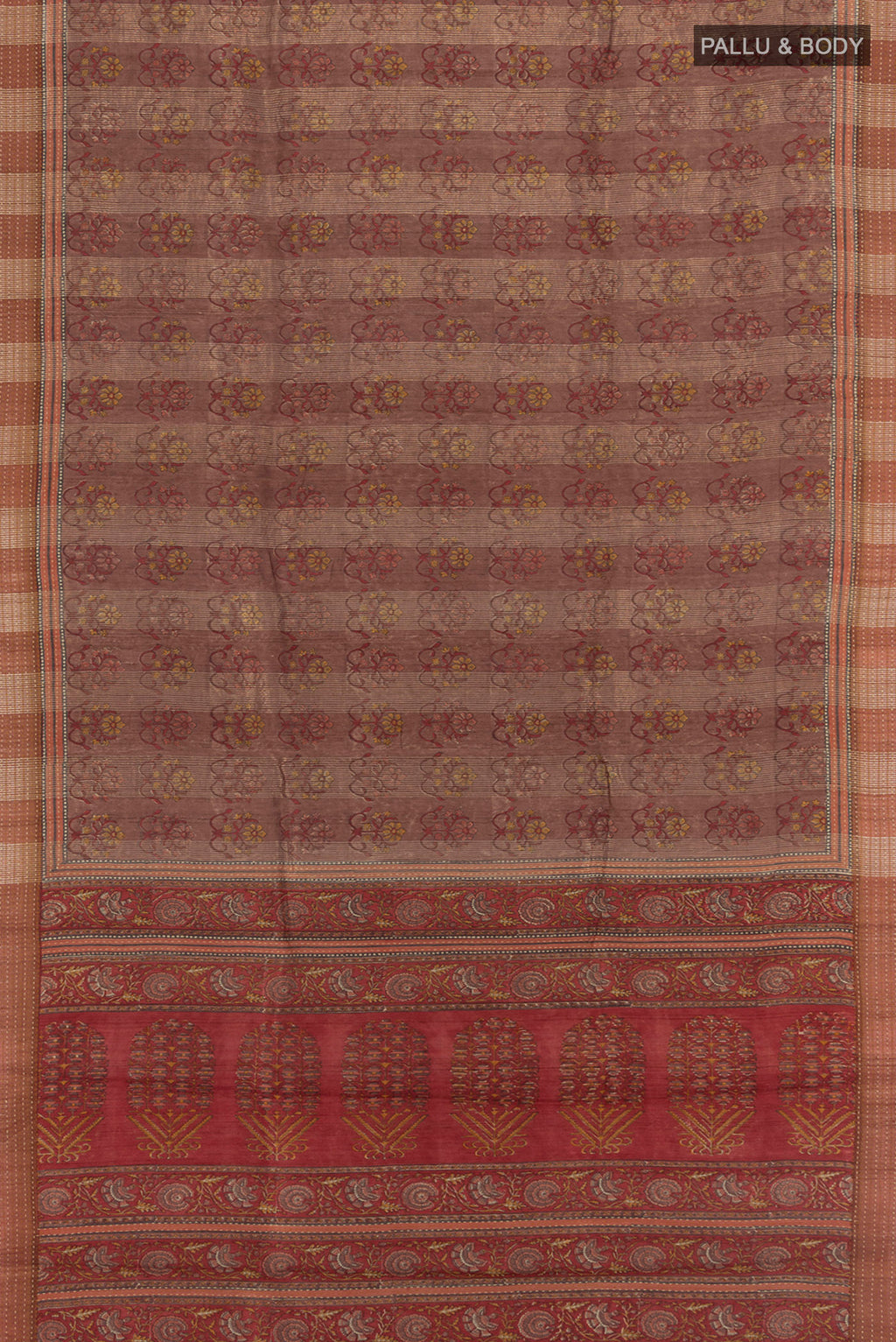 Flat view of Mauve Tussar Silk Saree with Floral Print on the body and Printed Border. 