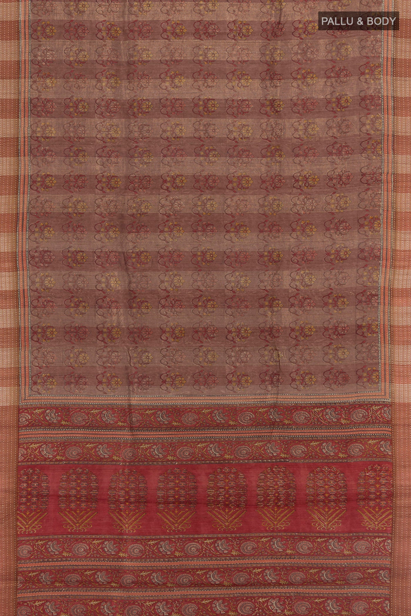 Flat view of Mauve Tussar Silk Saree with Floral Print on the body and Printed Border. 