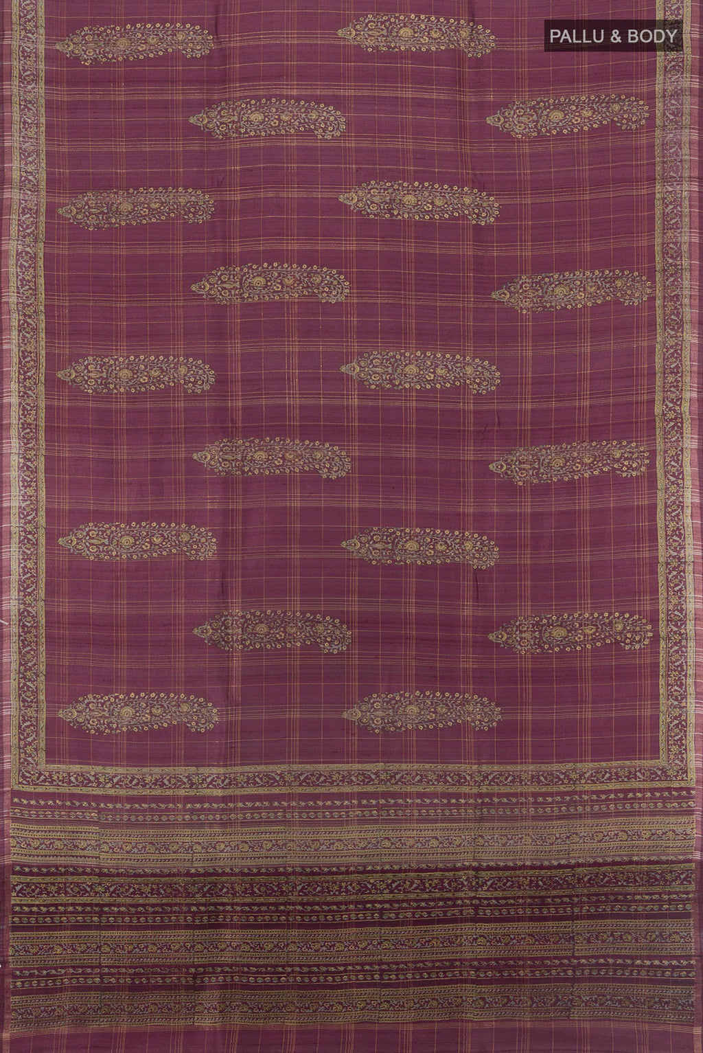 Flat view of Purple Tussar Silk Saree with Floral Print on the body and Printed Border. 