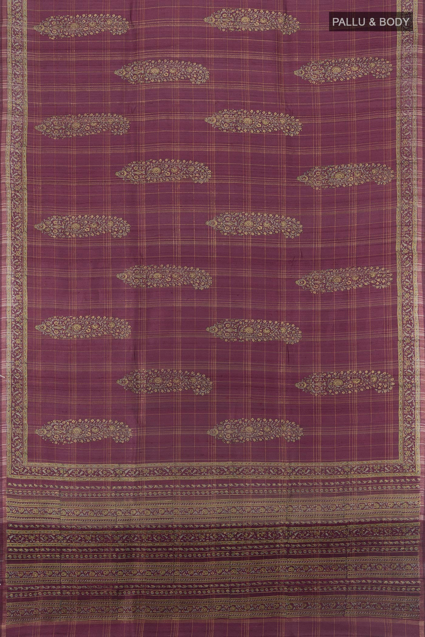 Flat view of Purple Tussar Silk Saree with Floral Print on the body and Printed Border. 