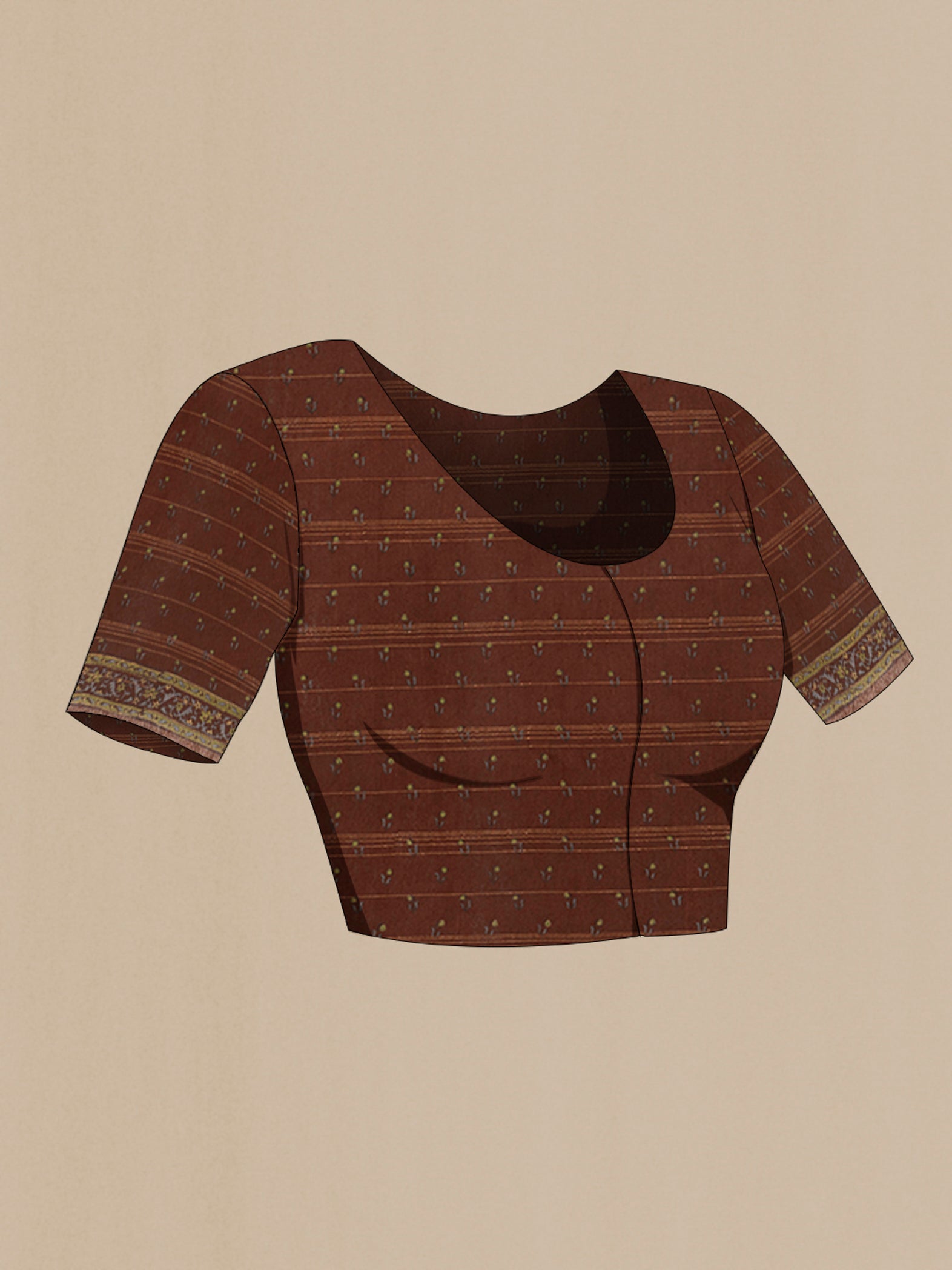 Close up image of the blouse of Brown Tussar Silk Saree with Floral Print on the body and Printed Border. 