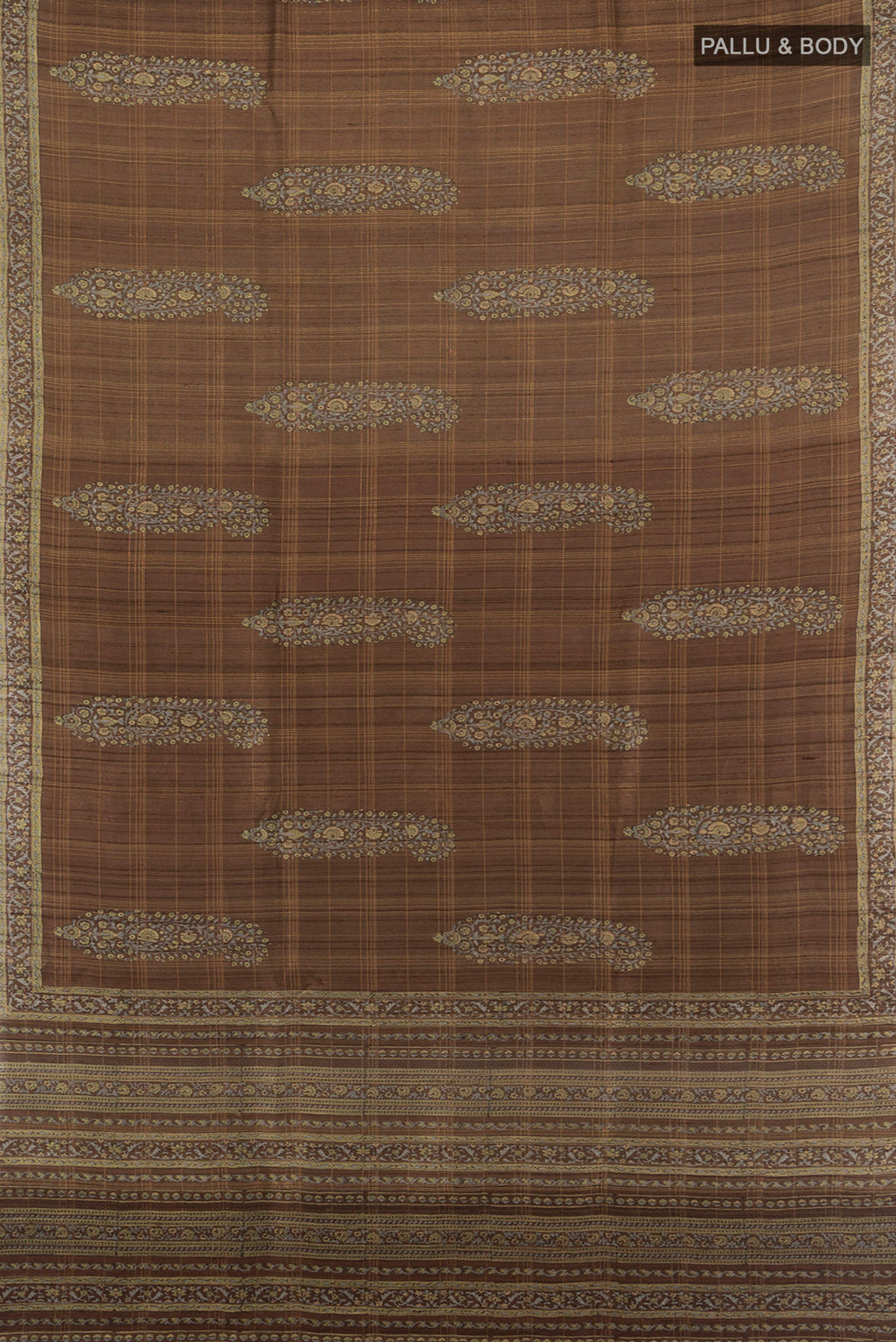 Flat view of Brown Tussar Silk Saree with Floral Print on the body and Printed Border. 