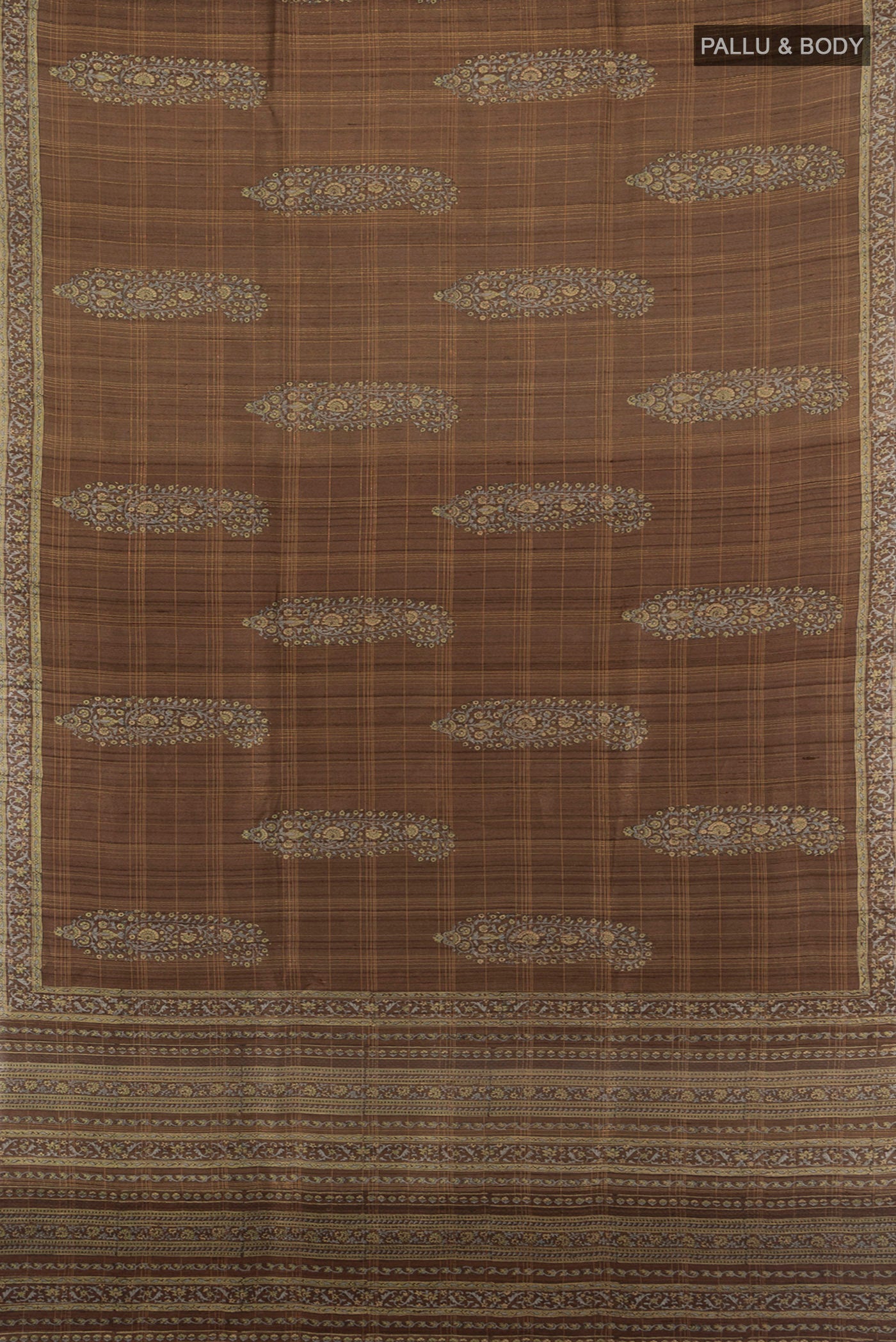 Flat view of Brown Tussar Silk Saree with Floral Print on the body and Printed Border. 