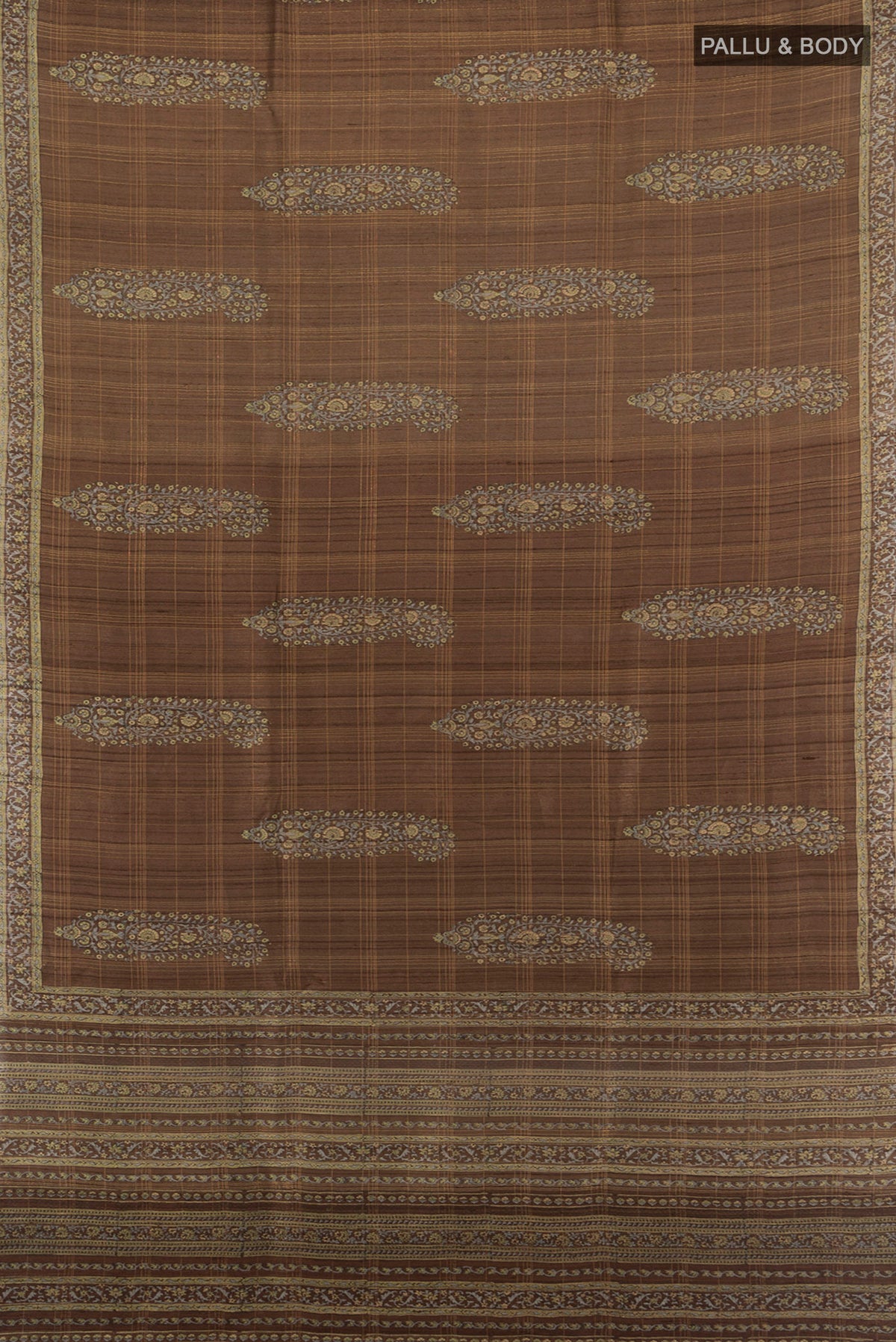 Flat view of Brown Tussar Silk Saree with Floral Print on the body and Printed Border. 