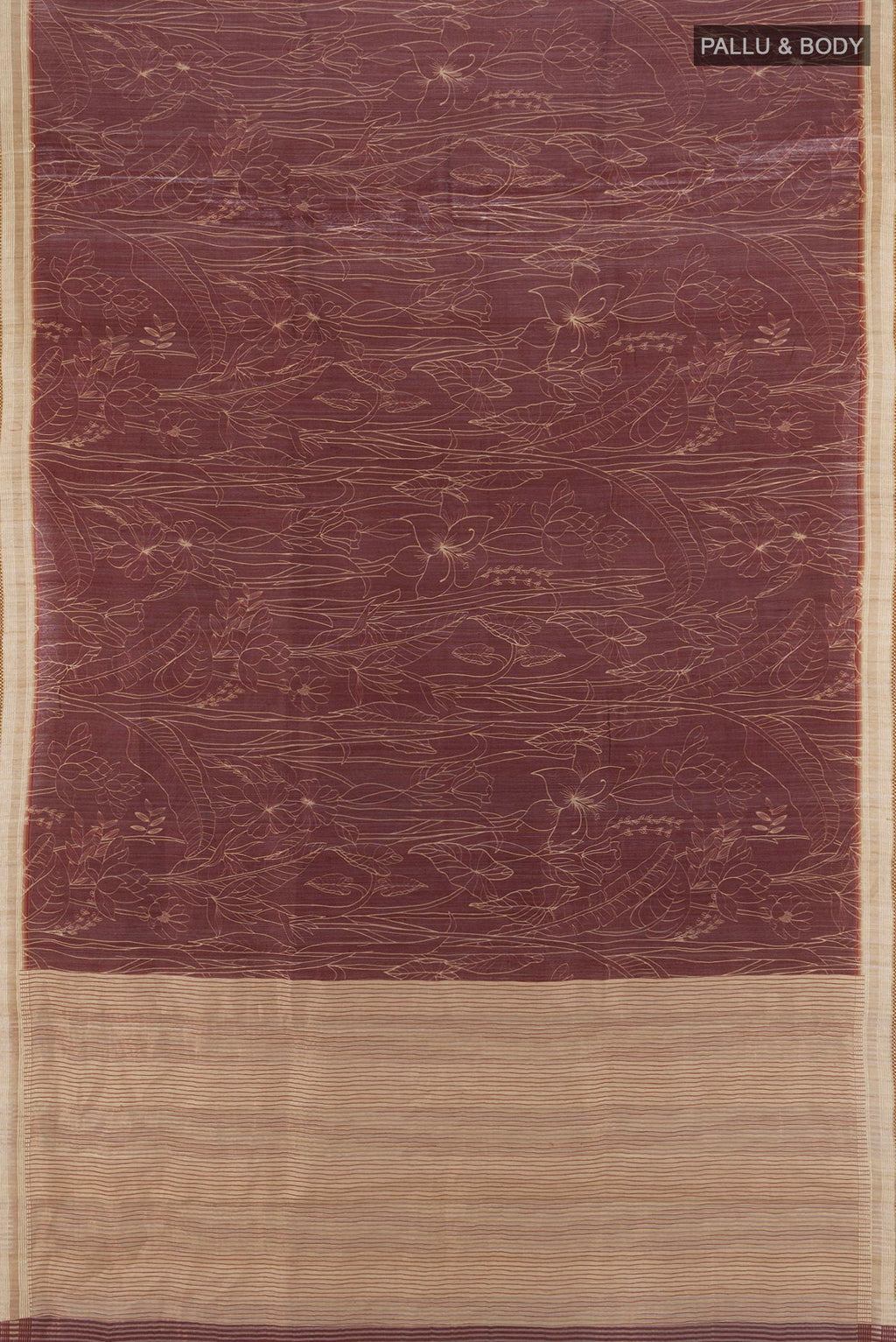 Flat view of Brown Tussar Saree with Printed design on the body and Thread Border. 