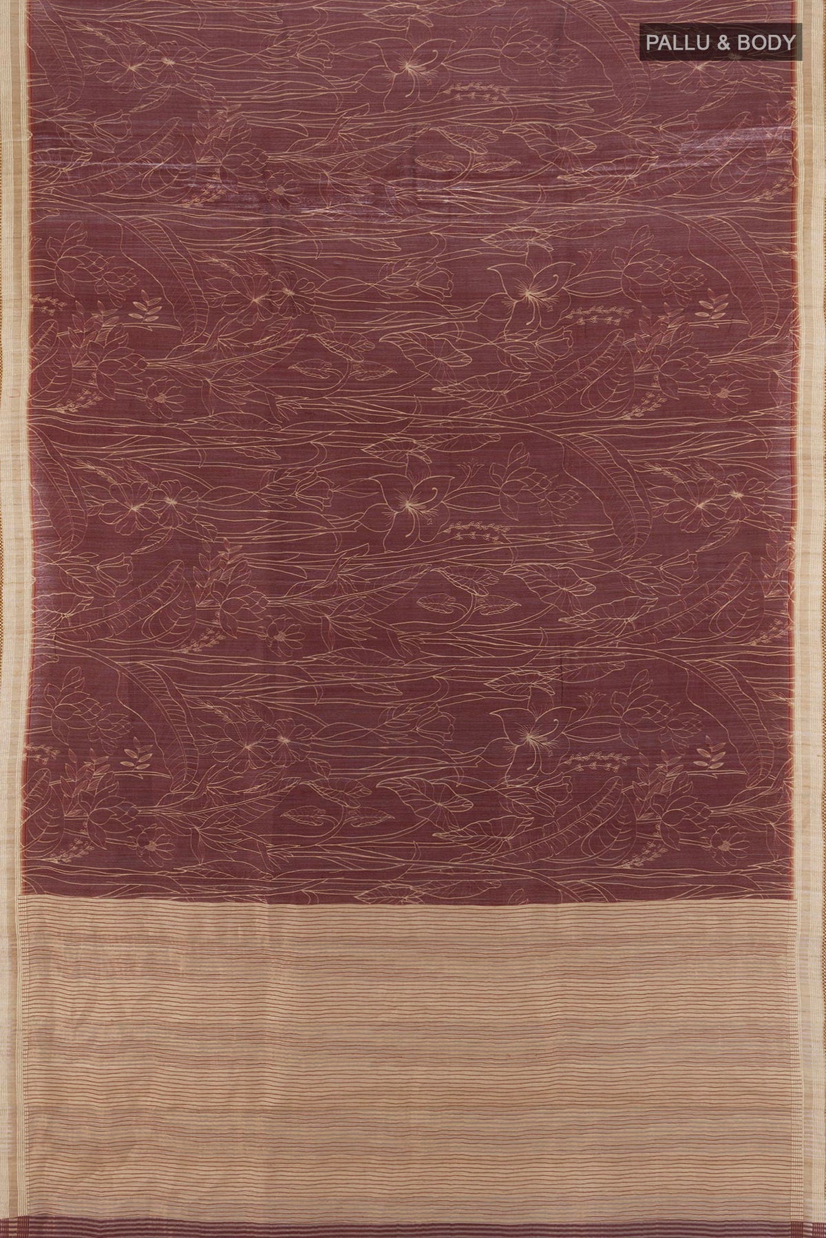 Flat view of Brown Tussar Saree with Printed design on the body and Thread Border. 