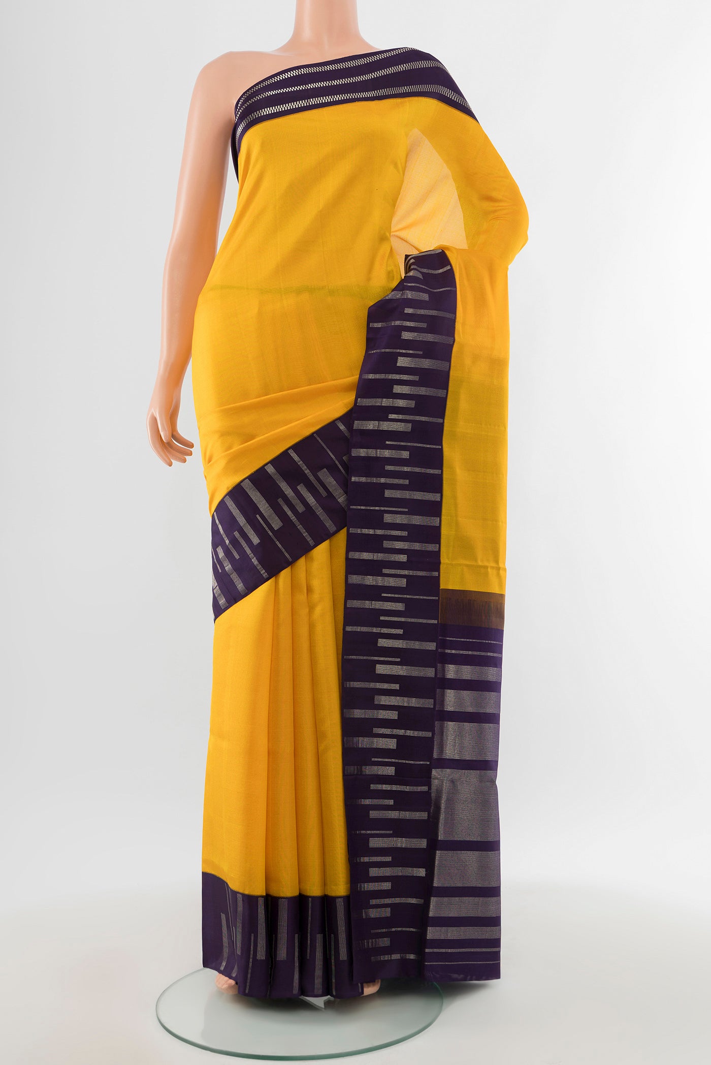 Pure Silk Pure Zari Yellow Bangalore - kadyal Saree with Zari Butta on the body and Silk Border.  displayed on a mannequin