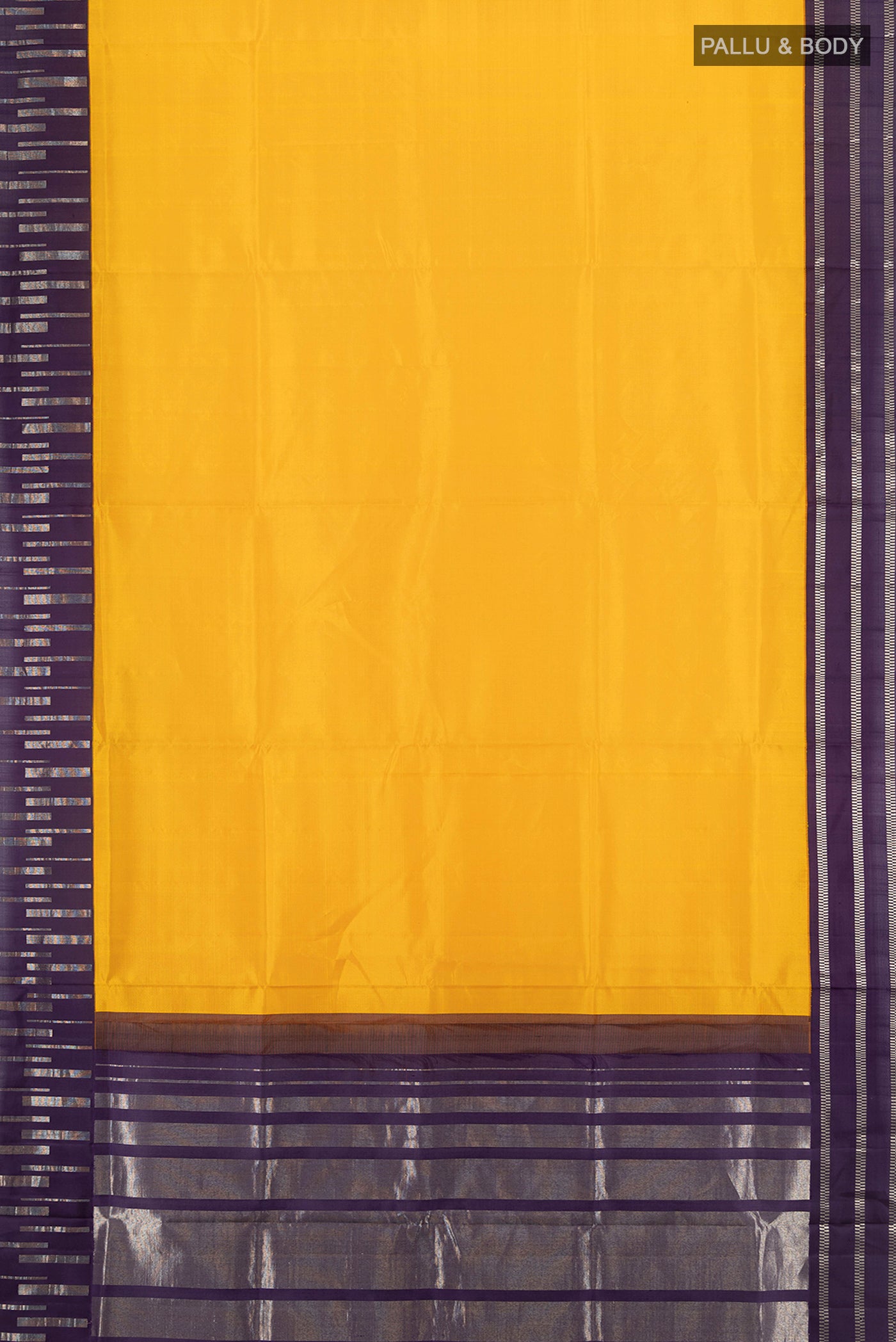 Flat view of Pure Silk Pure Zari Yellow Bangalore - kadyal Saree with Zari Butta on the body and Silk Border. 