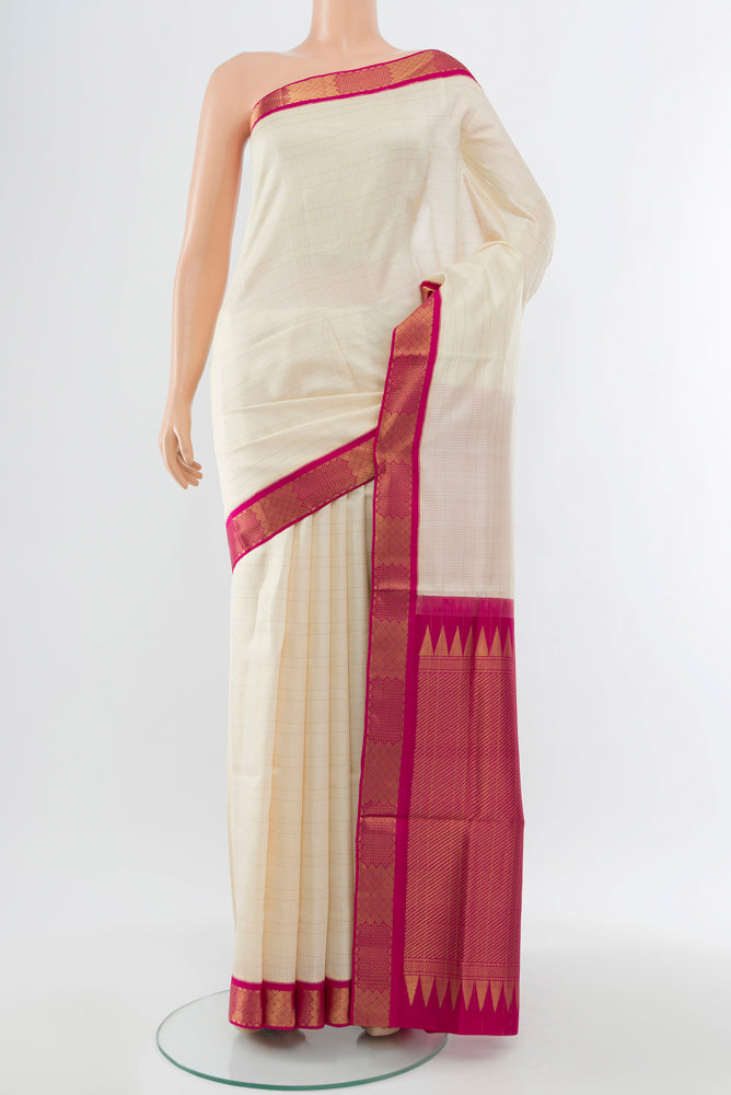 Cream Bangalore Silk - kadyal Saree with Checked design on the body and Silk Border.  displayed on a mannequin