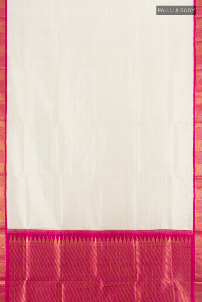 Flat view of Cream Bangalore Silk - kadyal Saree with Checked design on the body and Silk Border. 