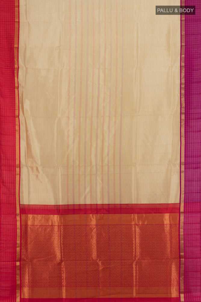 Flat view of Beige Bangalore Silk - kadyal Saree with Zari Butta on the body and Silk Border. 
