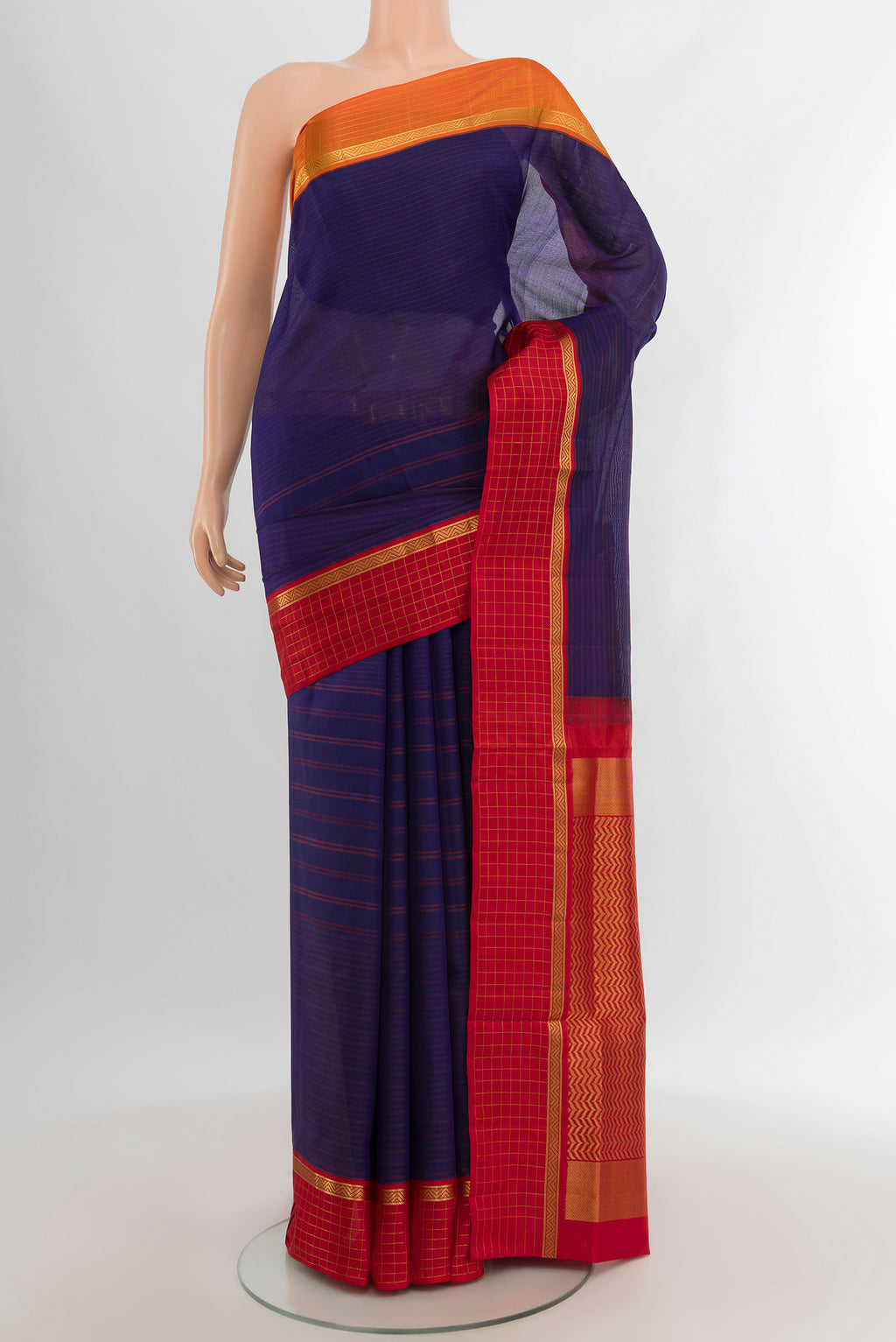 Dark Blue Bangalore Silk - kadyal Saree with Stripes on the body and Ganga Jamuna Border.  displayed on a mannequin