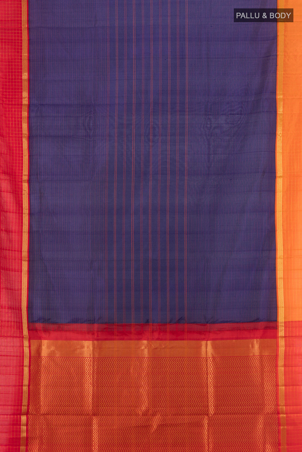 Flat view of Dark Blue Bangalore Silk - kadyal Saree with Stripes on the body and Ganga Jamuna Border. 