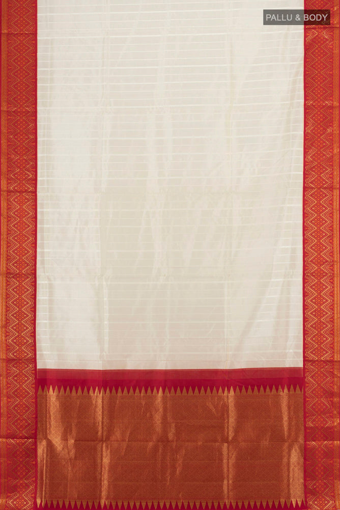 Flat view of Cream Bangalore Silk - kadyal Saree with Zari Butta on the body and Silk Border. 