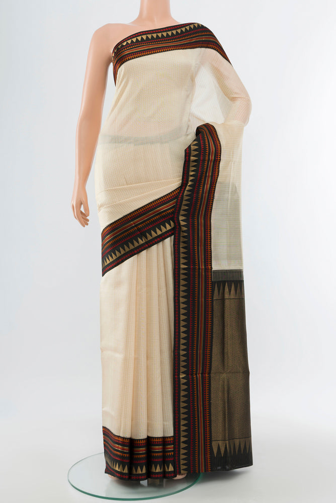 Cream Bangalore Silk - kadyal Saree with Checked design on the body and Silk Border.  displayed on a mannequin