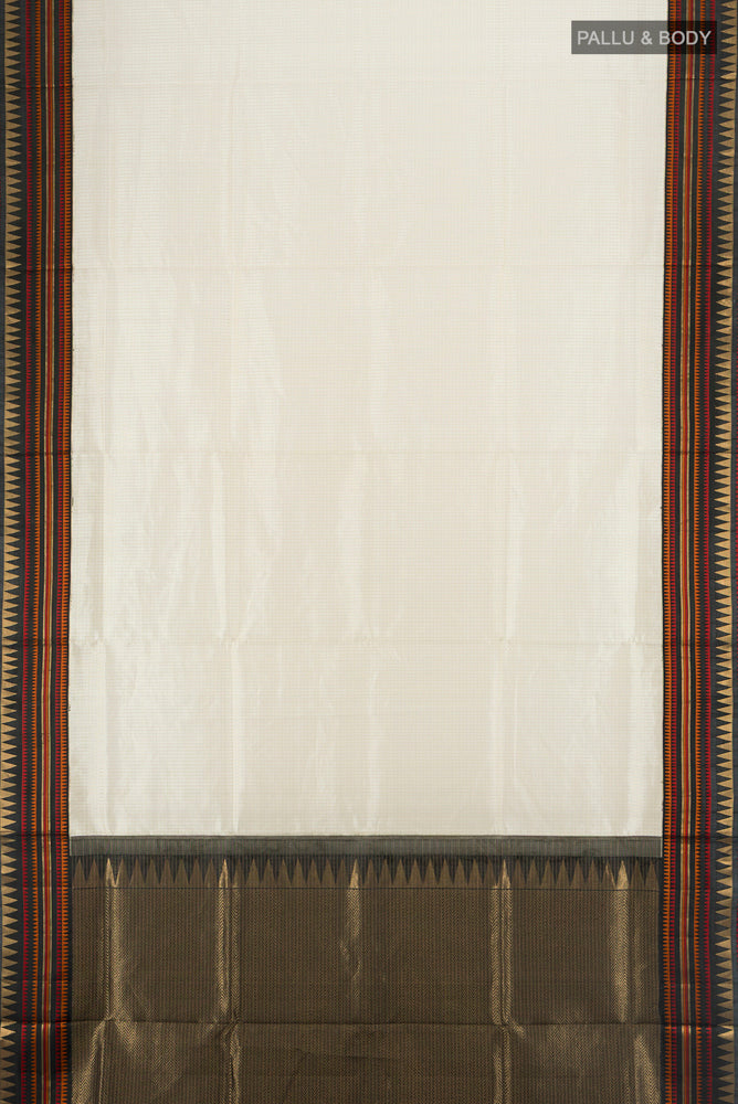 Flat view of Cream Bangalore Silk - kadyal Saree with Checked design on the body and Silk Border. 