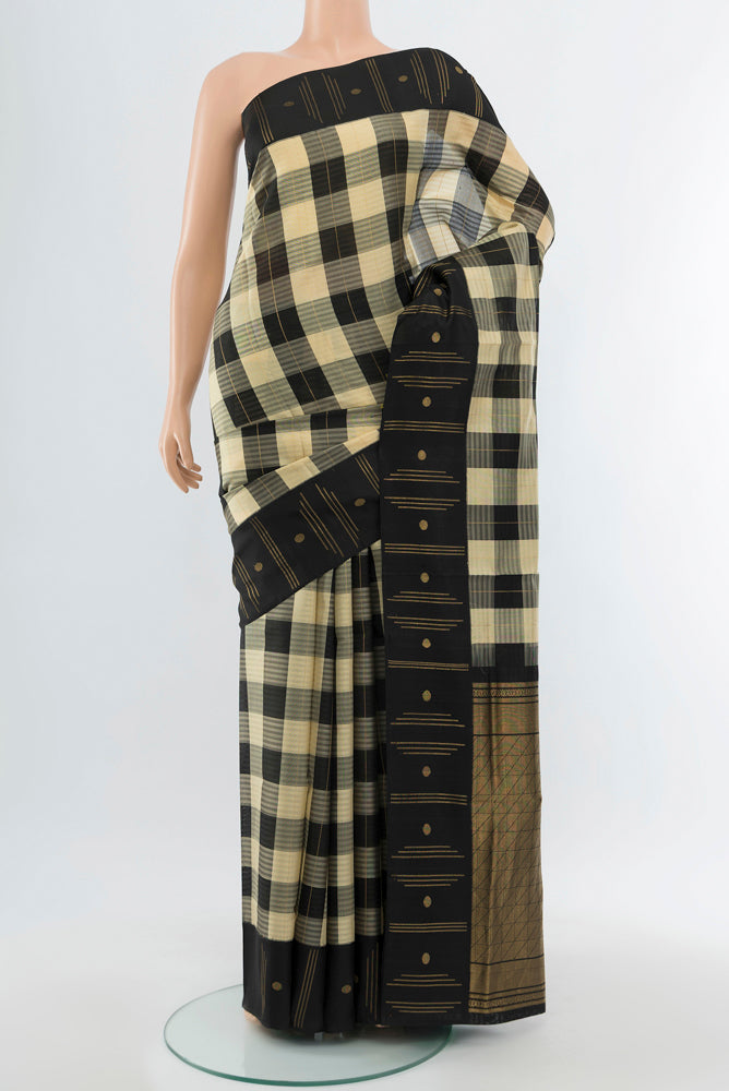 Multi Color Bangalore Silk - kadyal Saree with Checked design on the body and Silk Border.  displayed on a mannequin