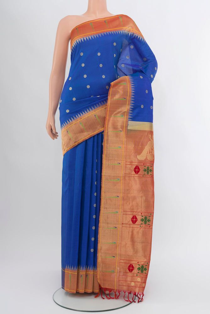 Dark Blue Gadwal Silk Saree with Zari Butta on the body and Silk Border.  displayed on a mannequin