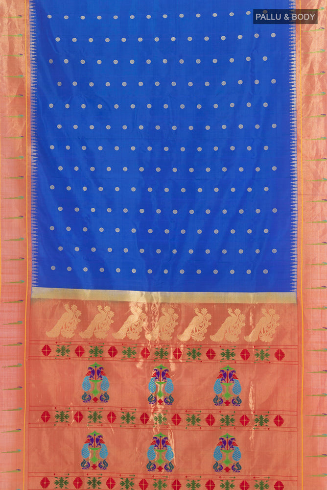 Flat view of Dark Blue Gadwal Silk Saree with Zari Butta on the body and Silk Border. 