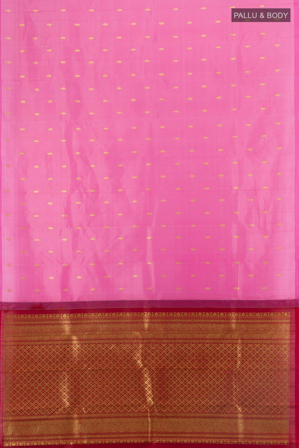 Flat view of Rose pink Kanchipuram Silk Saree with Zari Butta on the body and Without Border. 