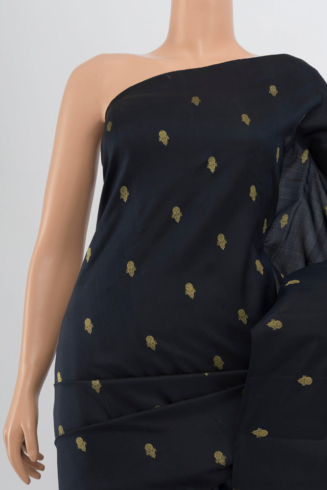 Border image of Black Kanchipuram Silk Saree with Zari Butta on the body and Silk Border. 